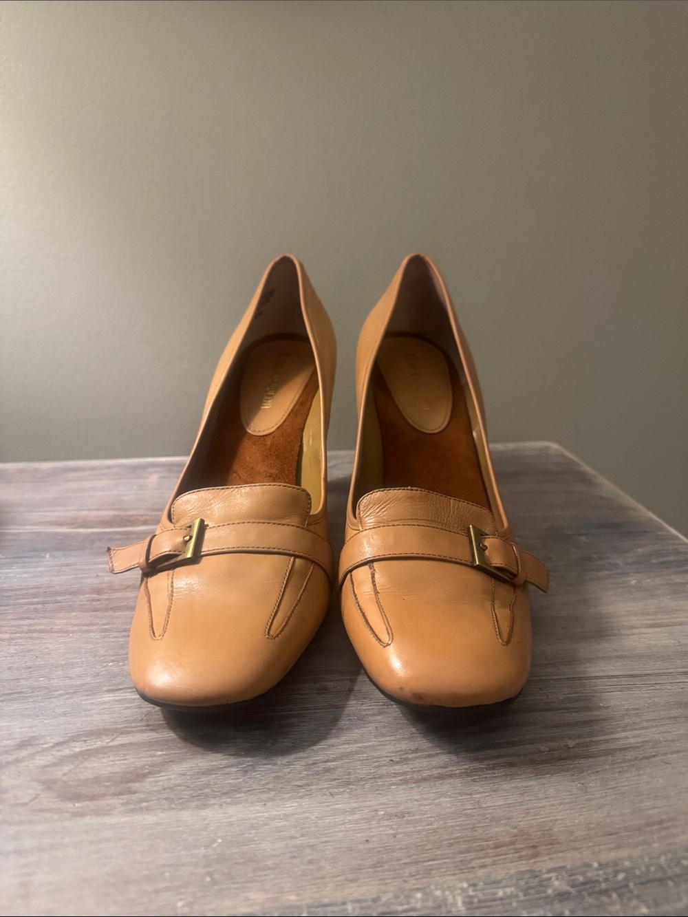 Enzo Angiolini Tan Leather Mid-Heel Loafer Pumps with Buckle Accent - Picture 6 of 13